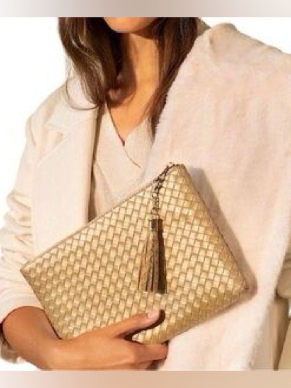 NEW Virgina Wolf Mimi Woven Pouch Metallic Gold Vegan Faux Leather